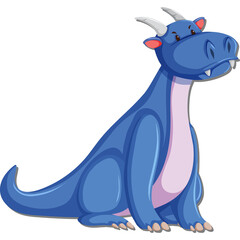 A Blue Cartoon Dragon With Horns And Wings Sits Facing Right With A Light Pink Chest And Grumpy Expression On Transparent Background