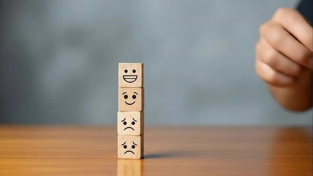 Hand stacking wooden blocks with different facial expressions, representing emotions and feedback