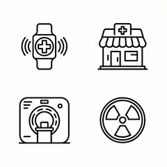 Healthcare and Medical Icon Set Featuring Smartwatch Pharmacy Scanner and Radiation Sign Black and White Outline Illustration