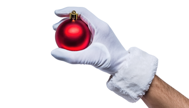 A gloved hand holding a shiny red christmas ornament against a png background studio shot