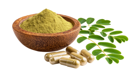 A bowl of herbs and pills is on a white background