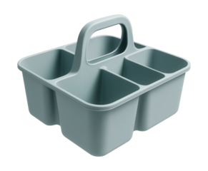 Compartmentalized plastic basket with handle for organizing cleaning supplies in laundry.