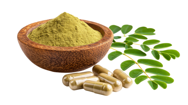 A bowl of herbs and pills is on a white background