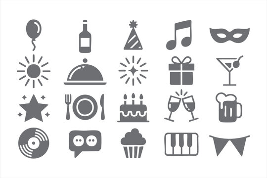 Modern black and white icons for music, drinks, and party design themes