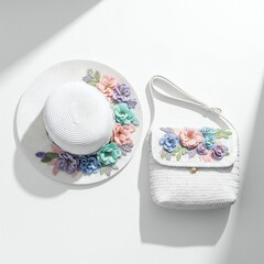 A white straw sun hat and a matching purse decorated with pastel colored flowers on a white background