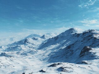 Expansive Snow-Covered Mountain Range under Clear Blue Sky Winter Alpine Landscape Vista Panoramic View