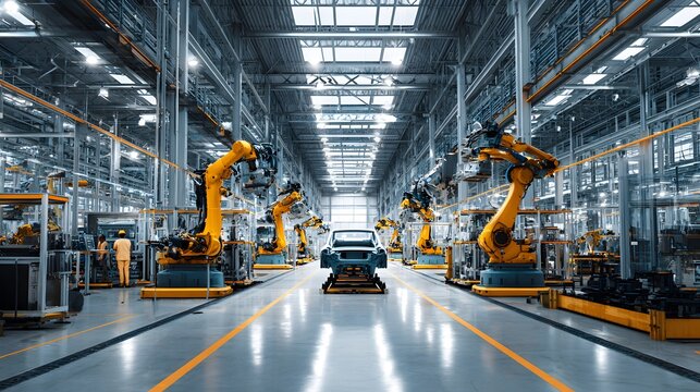 Automated car assembly line with robotic arms in a modern factory