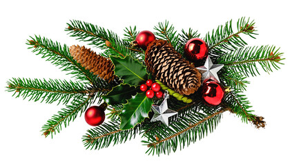 Christmas arrangement with pine branches, ornaments, pine cones, holly and silver star decorations