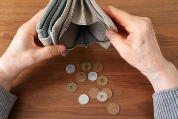 Low savings and empty wallet, Japanese currency coins scattered on desk