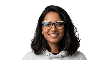 Smiling 26-30-year-old South Asian woman, an animator with creative glasses and a casual hoodie, working on a winter film project. Professional headshot for tech, HR, marketing,