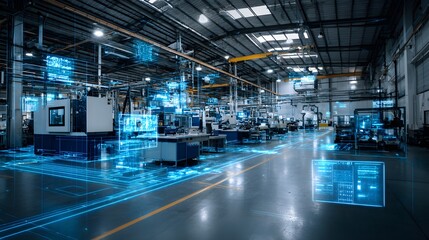 Modern factory floor with digital interface overlay and advanced machinery