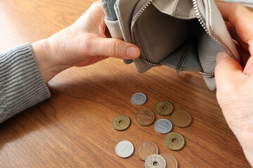 Empty wallet and Japanese coins on wooden table, concept of poverty and saving money