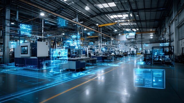 Modern factory floor with digital interface overlay and advanced machinery