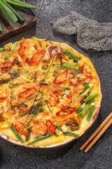 Pajeon is a typical Korean savory pancake made from flour dough, spring onions, and various seafood.
