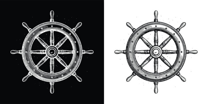 Vintage ship steering wheel illustration, a classic nautical symbol of navigation and maritime adventure, isolated on white background