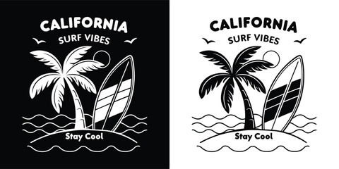 California surf vibes graphic with palm trees, surfboard, and waves, embodying a cool beach lifestyle
