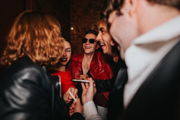 A lively night out scene with a smiling man in a red leather jacket surrounded by friends. The group exudes energy, fashion, and sociable vibes at a party.