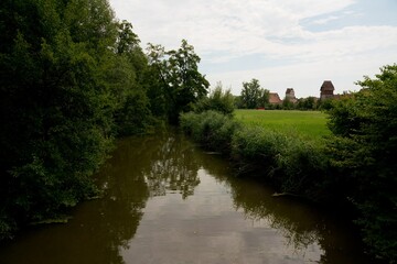 Wörnitz River Flowing Through Green Landscape Near Dinkelsbühl, Bavaria, Germany
