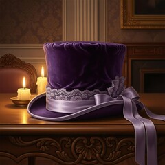 A purple top hat with a white ribbon and lace trim sitting on a wooden table with candles lit nearby