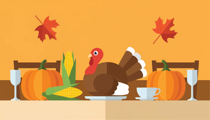 A festive flat illustration of a Thanksgiving dinner table with a autumn leaves.