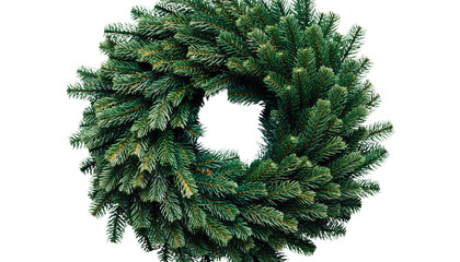 A festive green christmas wreath made of evergreen branches isolated on a transparent background for the holidays