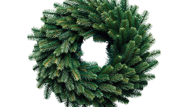 A festive green christmas wreath made of evergreen branches isolated on a transparent background for the holidays