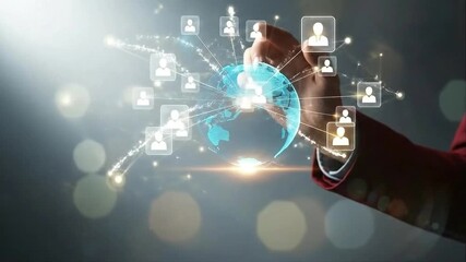 Hand holding a glowing digital globe with connections to people icons representing global network - Powered by Adobe