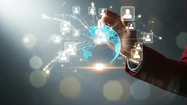 Hand holding a glowing digital globe with connections to people icons representing global network - Powered by Adobe