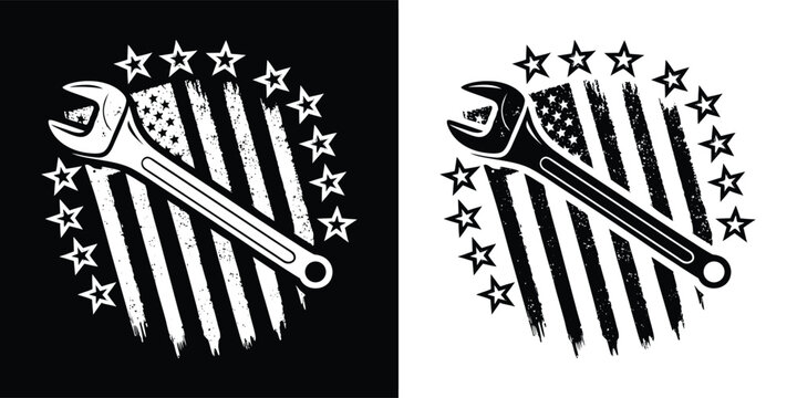 Distressed wrench and american flag emblem, symbolizing patriotism and skilled labor, presented in both black and white versions for versatile design applications