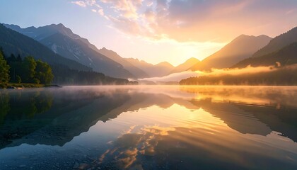 Calm landscape of mist-covered mountains and a crystal-clear lake reflecting the sunrise, soft golden light, peaceful atmosphere, ultra-realistic nature art, minimal composition.