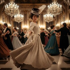 A woman in a ball gown and hat dancing at a formal ball with chandeliers and other dancers visible