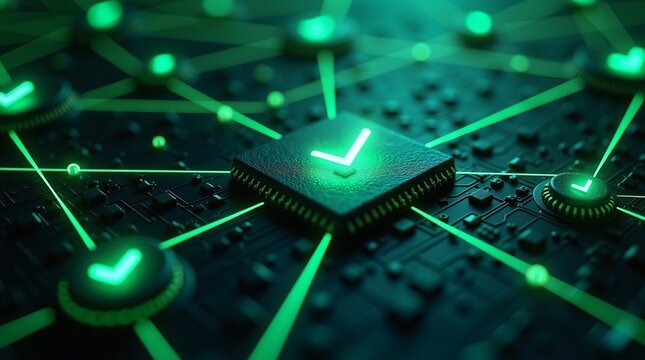 A circuit board with glowing green checkmarks on chips, connected by neon green lines in a tech-inspired dark scene.