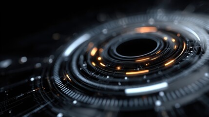 Futuristic digital interface with concentric circles and glowing orange and white lights on a black background, resembling a sci-fi control panel. Dynamic and abstract design elements