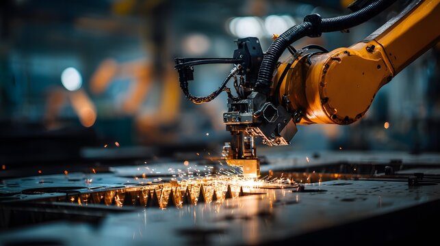 Automated robotic arm welding metal with sparks in a modern factory