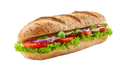 A long sandwich with lettuce, tomatoes, and onions