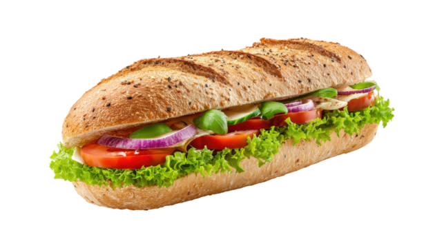 A long sandwich with lettuce, tomatoes, and onions