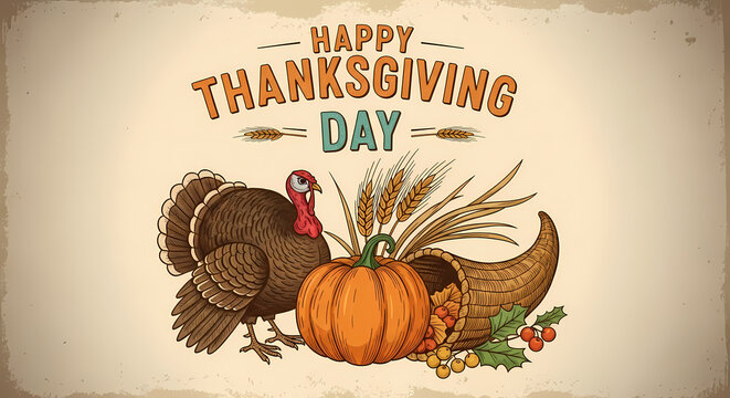 A vintage illustration celebrating Happy Thanksgiving Day with on a rustic background. - Powered by Adobe