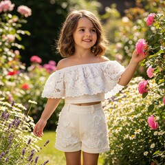 A young girl in a white outfit stands among flowers in a garden with a happy expression on her face
