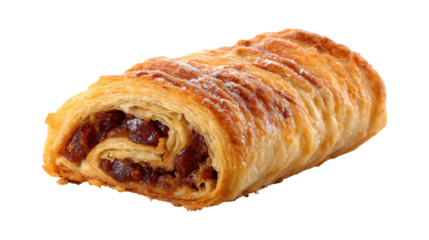 A pastry with a brown filling is sitting on a white background