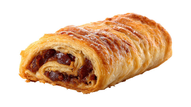 A pastry with a brown filling is sitting on a white background