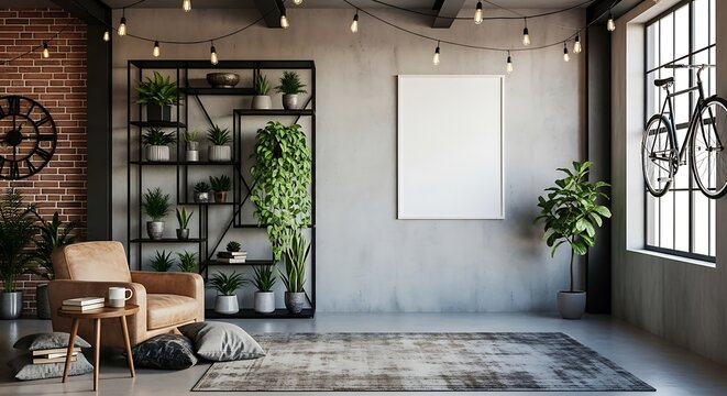 Modern industrial style loft interior design with comfortable tan armchair, wooden side table, abundant green potted plants, blank picture frame, and stylish bicycle hanging near window