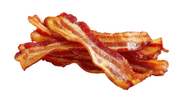 A pile of bacon strips on a white background