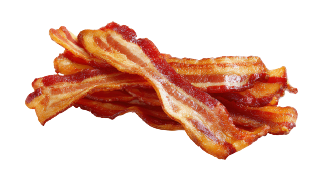 A pile of bacon strips on a white background