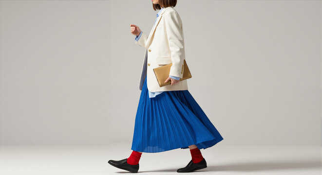 Stylish woman in a colorful outfit walking in a studio. Anonymous model wearing a blue pleated skirt and white blazer. Modern fashion and color block concept with copy space.