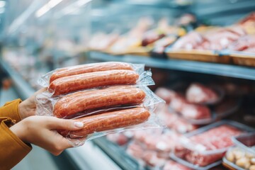 Woman buying packaging of Meat products in the department of supermarket. Customer holding a package of ground sausage. Grocery store cooler display. Food storage. Angled view of sausages links sale