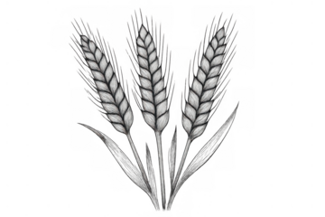 Wheat ears drawing in black and white, depicting ripe cereal crop for agriculture, food, and harvest themes. Transparent background