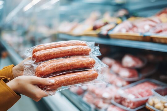 Woman buying packaging of Meat products in the department of supermarket. Customer holding a package of ground sausage. Grocery store cooler display. Food storage. Angled view of sausages links sale