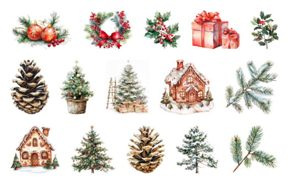 PNG Festive holiday decorations collection, element set on transparent background