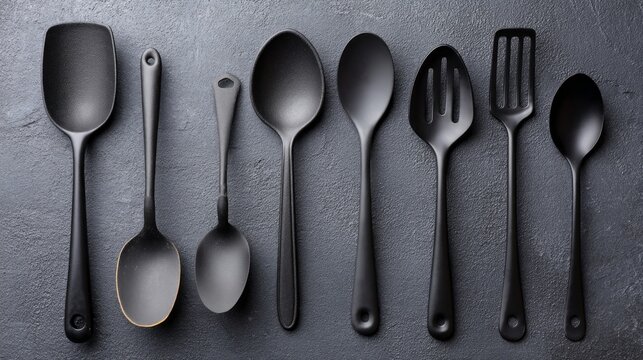 Shiny black kitchen utensils are arranged neatly on a dark surface, highlighting their smooth lines and functional designs. This setup evokes a contemporary cooking space