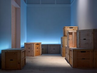 Room interior showcasing a collection of wooden crates with subtle blue ambient light, creating a calm and organized storage or display space.